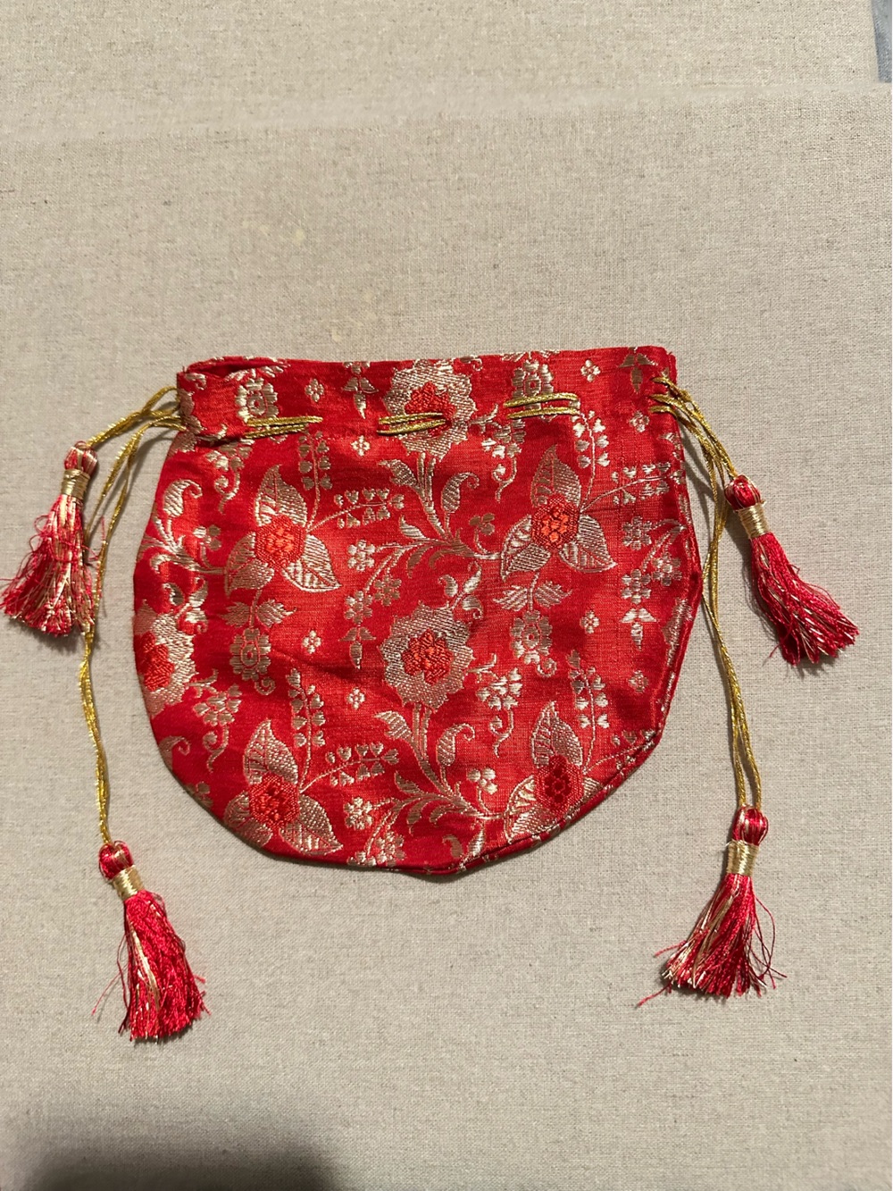 Vintage | Pouch | Red & Gold Jamawar Floral Drawstring Pouch Bag